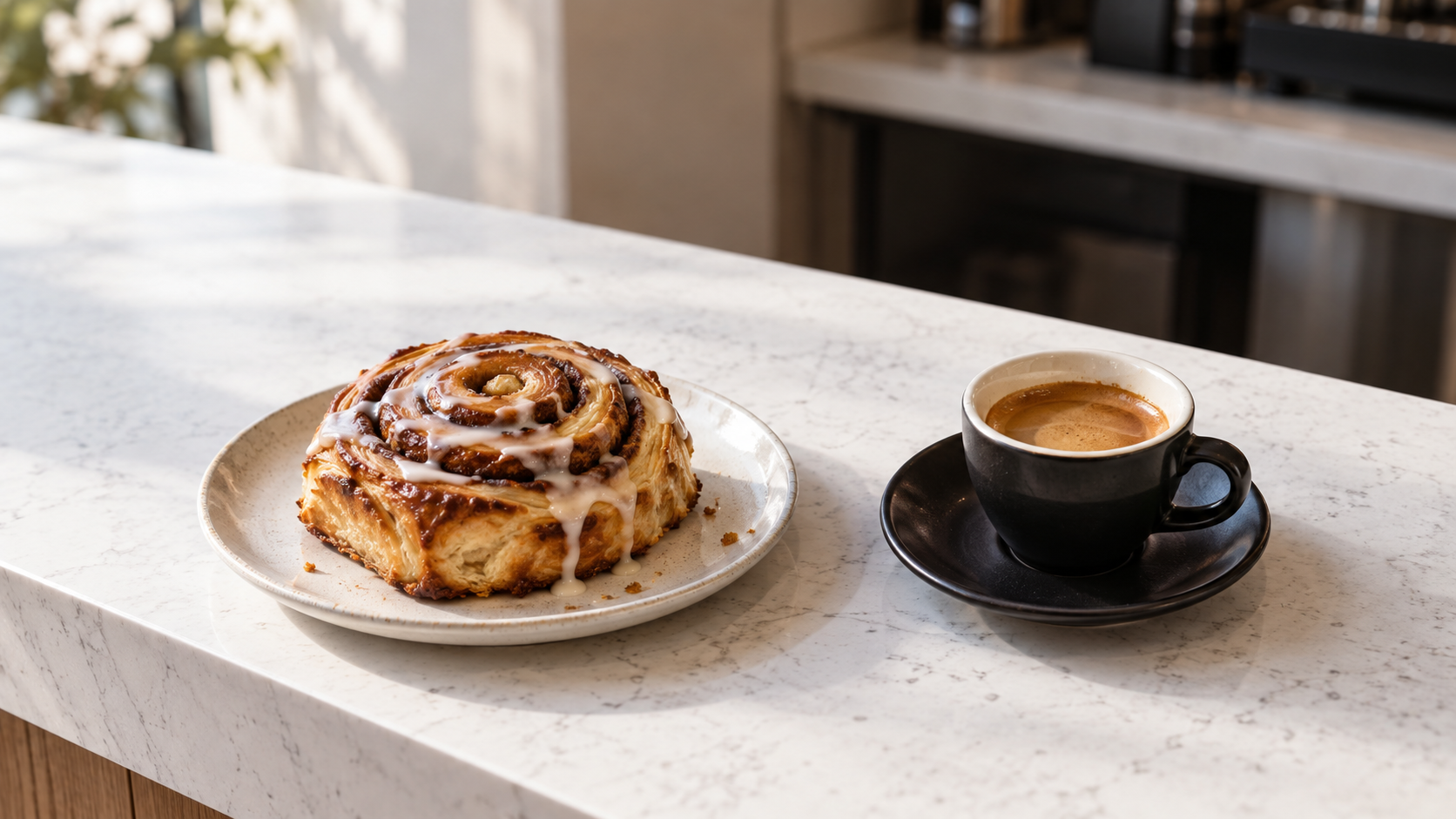 Cinnamon roll recién horneado junto a una taza de espresso